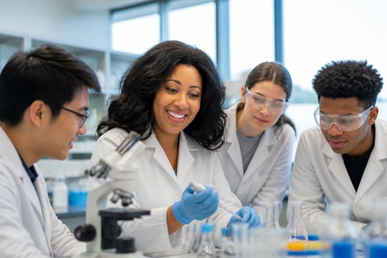 Myettia teaching a group of adult learners at a lab bench with a microscope